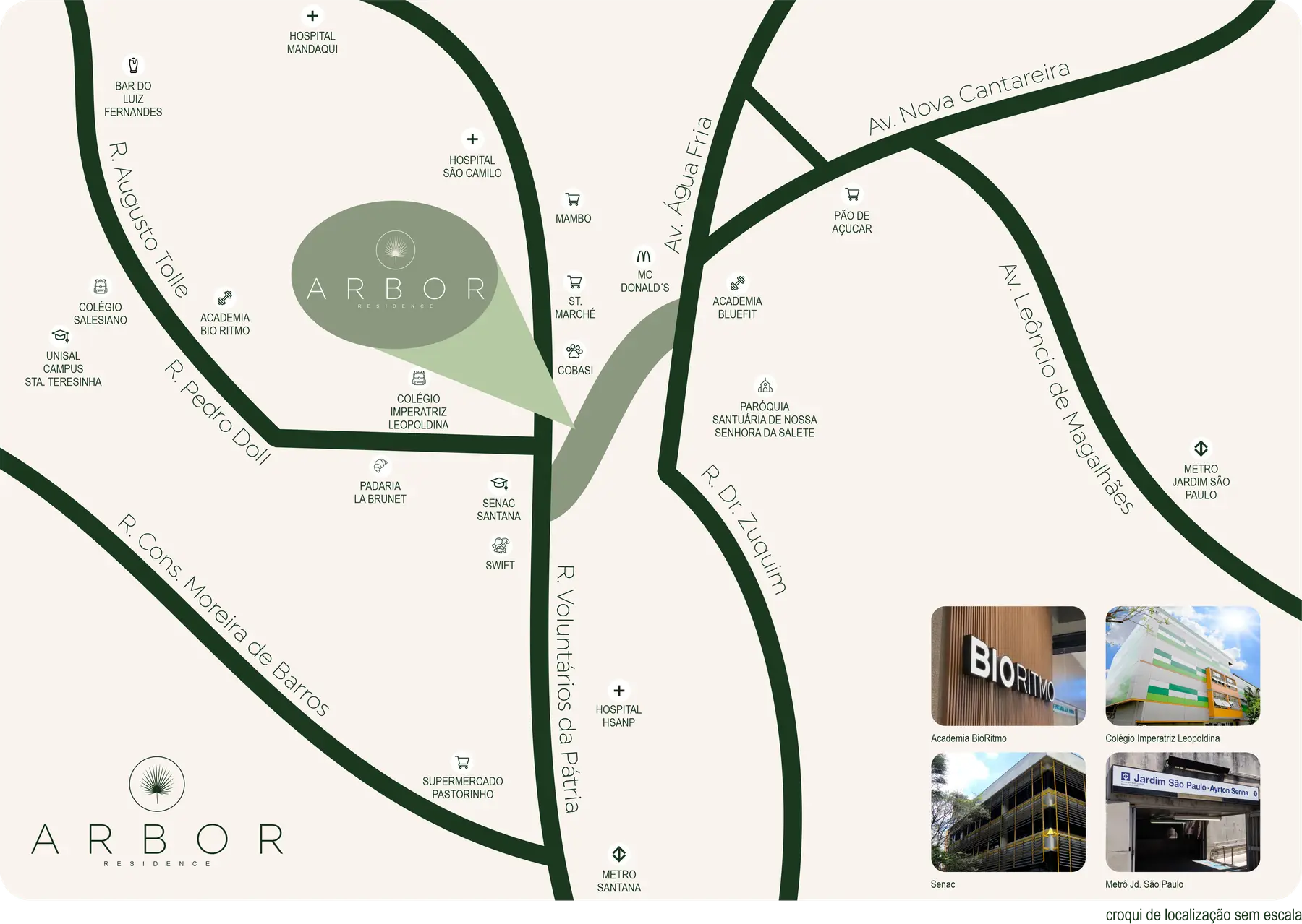 Mapa do entorno do Arbor Residence, no Alto de Santana, com comércios, escolas, hospitais e estações de metrô próximos