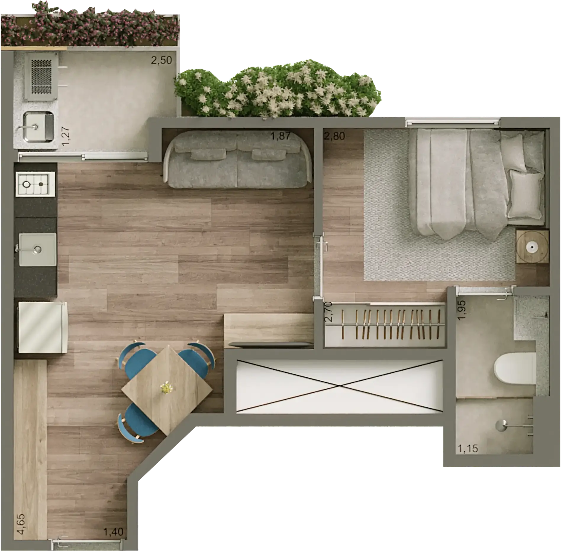 Planta 1 Dorm. com Terraço Grill – 29,89m² – HIS 2 - R2V - Final 6 – 4º ao 14º pavimentos