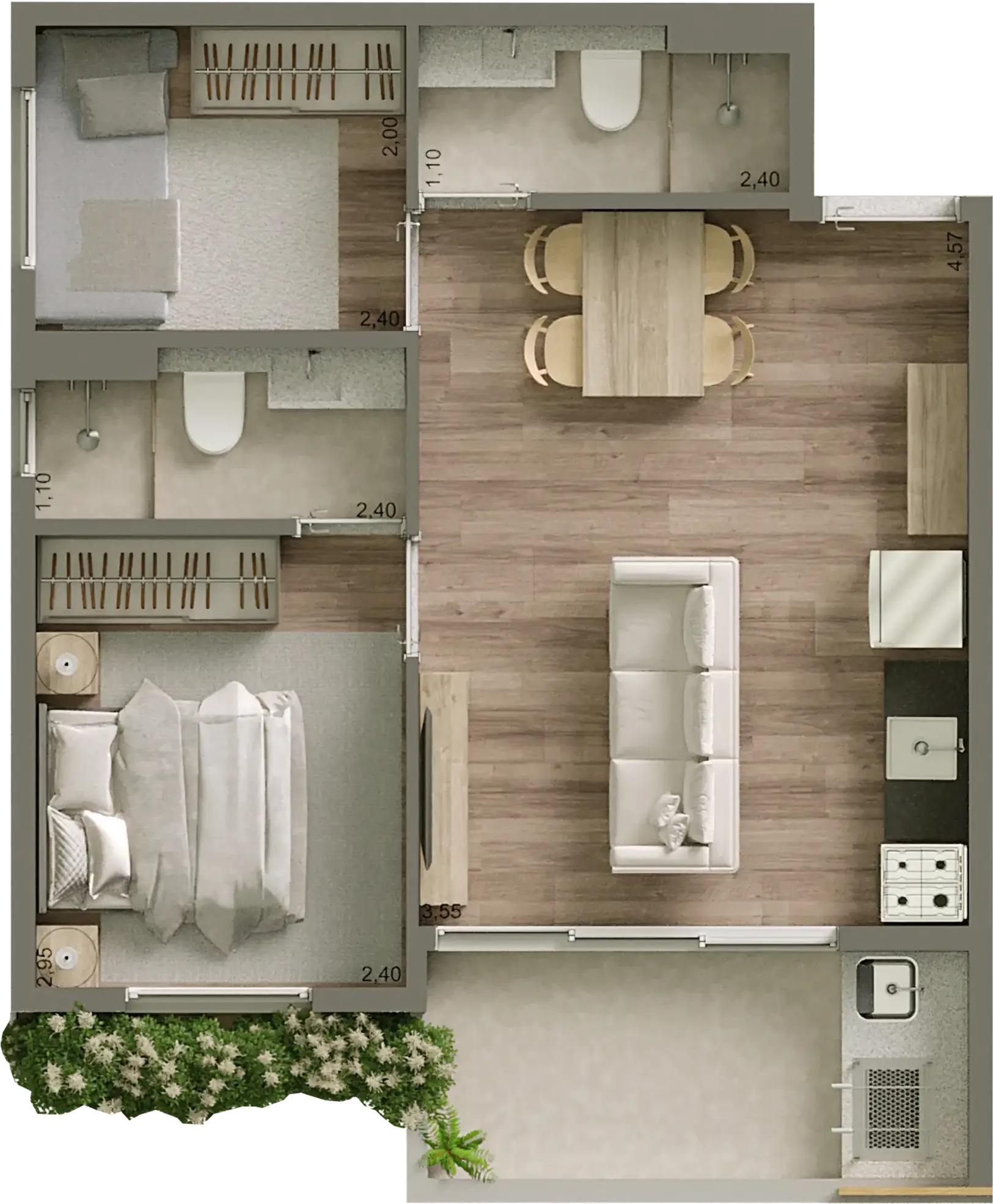 Planta 2 Dorms. – Suíte - com Terraço Grill – 44,74m² – R2V - Final 01 – 4º ao 14º pavimentos