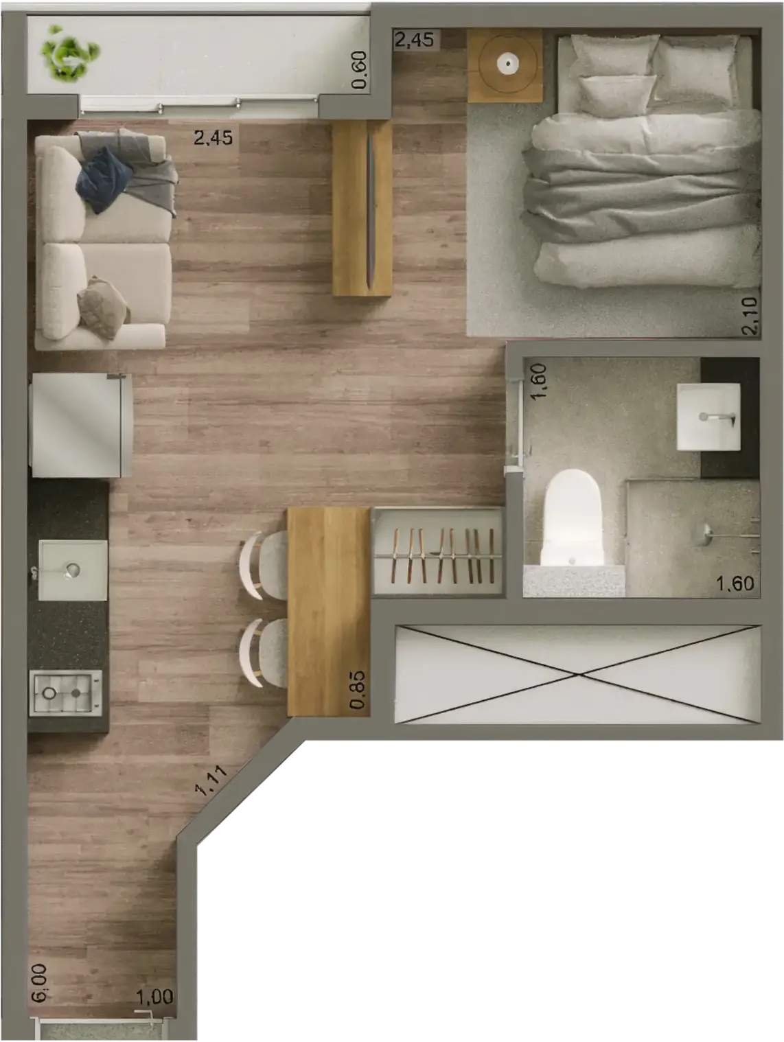Planta Studio com Terraço – 24,86m² – HIS 1 - Final 11 – 1º ao 3º pavimentos