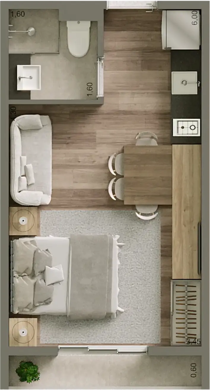 Planta Studio com Terraço – 24,57m² – HIS 1 - Final 2 – 1º ao 3º pavimentos