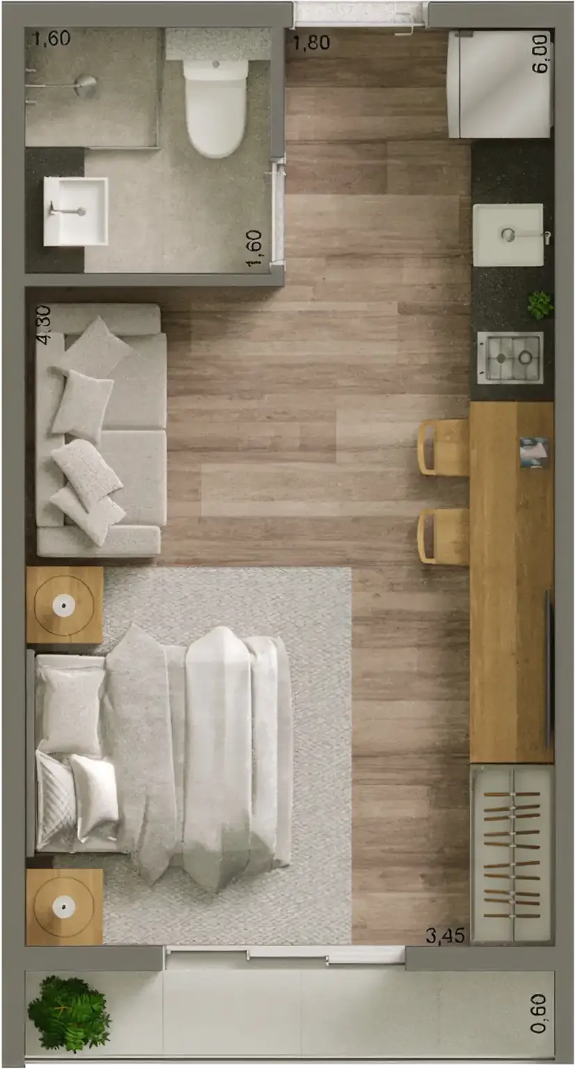 Planta Studio com Terraço – 24,57m² – HIS 1 - Final 3 – 1º ao 3º pavimentos